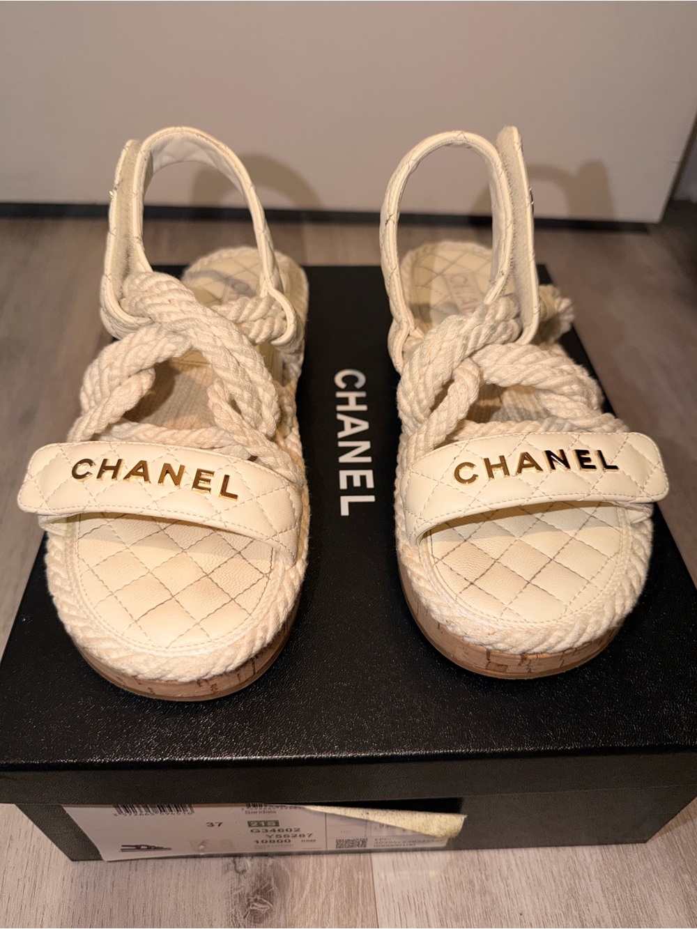 CHANEL Ivory Quilted Rope Platform Espadrille Sandals